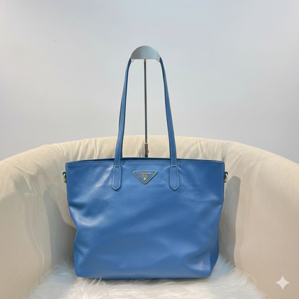 Prada Blue Saffiano Lux Leather Tote Bag