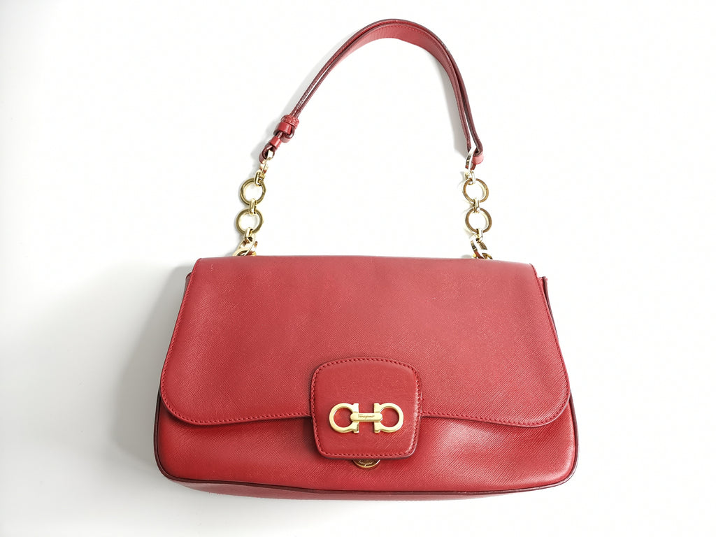 Salvatore Ferragamo Red Leather Gancini Top-Handle Shoulder Bag
