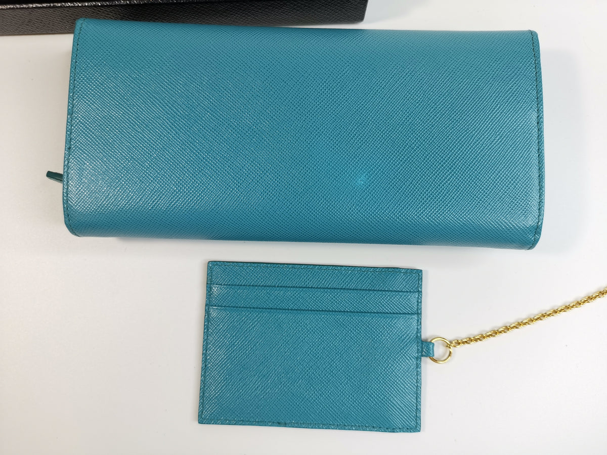 Prada Turquoise Saffiano Leather Continental Wallet with ID Holder