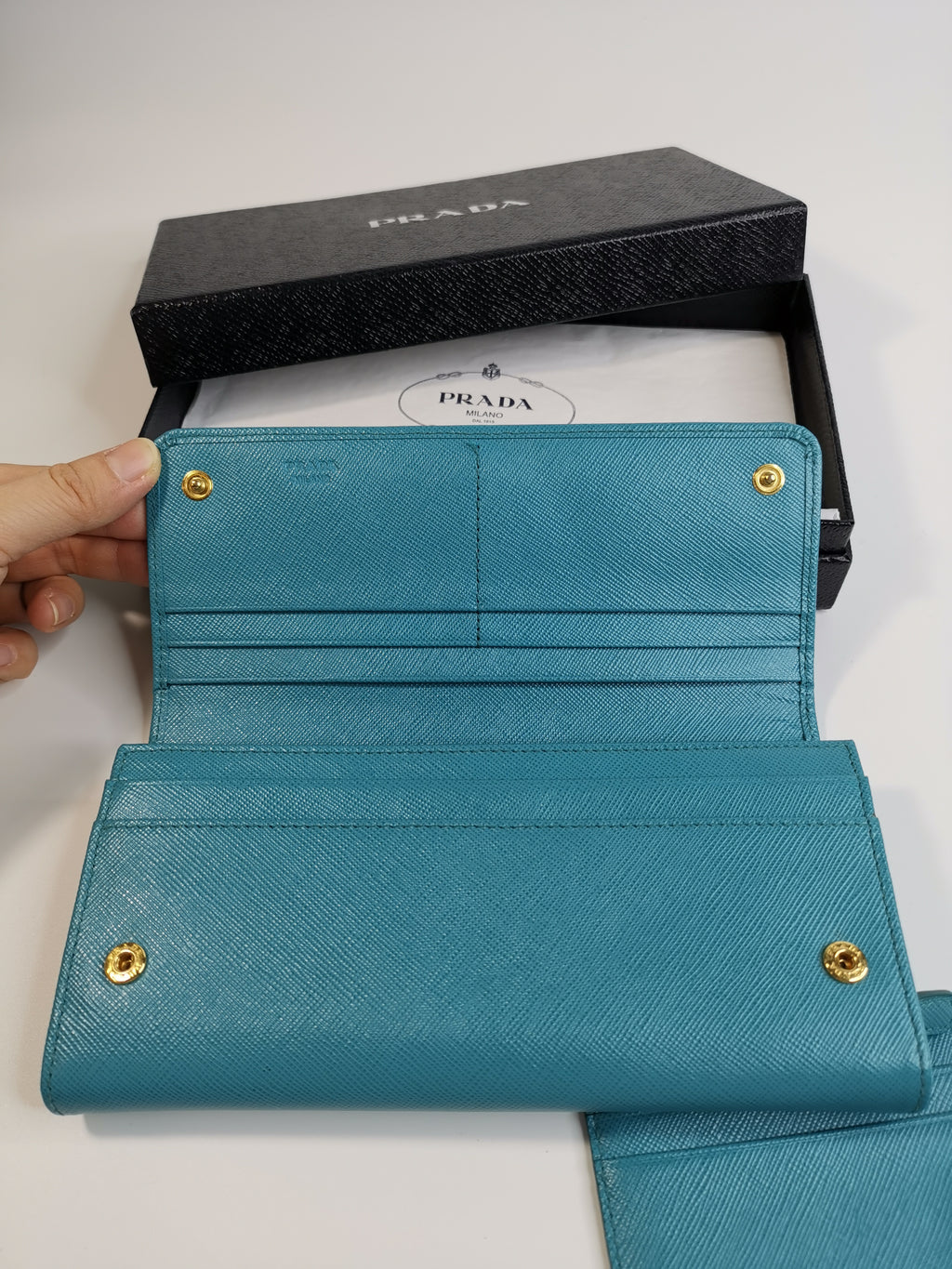 Prada Turquoise Saffiano Leather Continental Wallet with ID Holder
