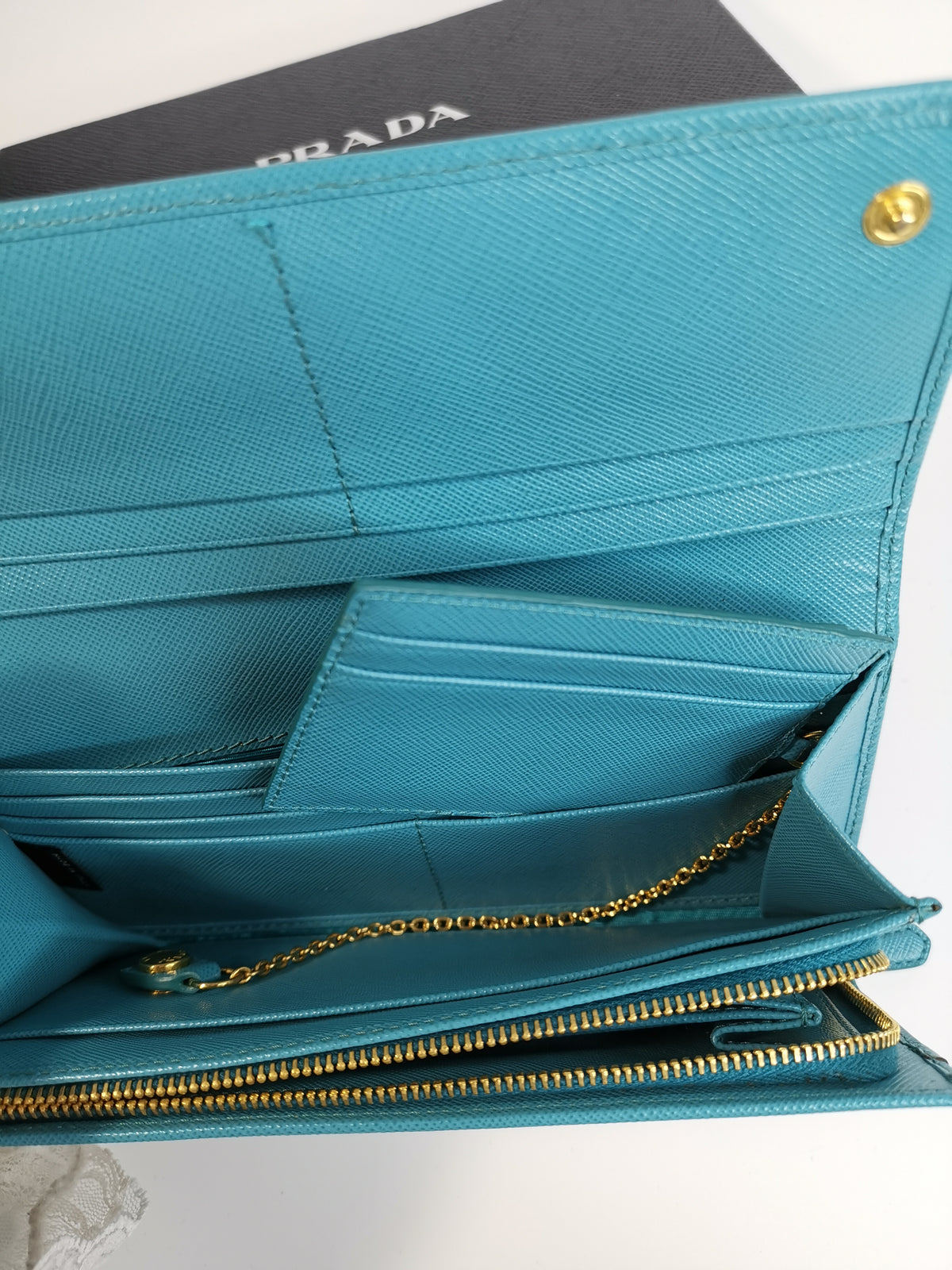 Prada Turquoise Saffiano Leather Continental Wallet with ID Holder
