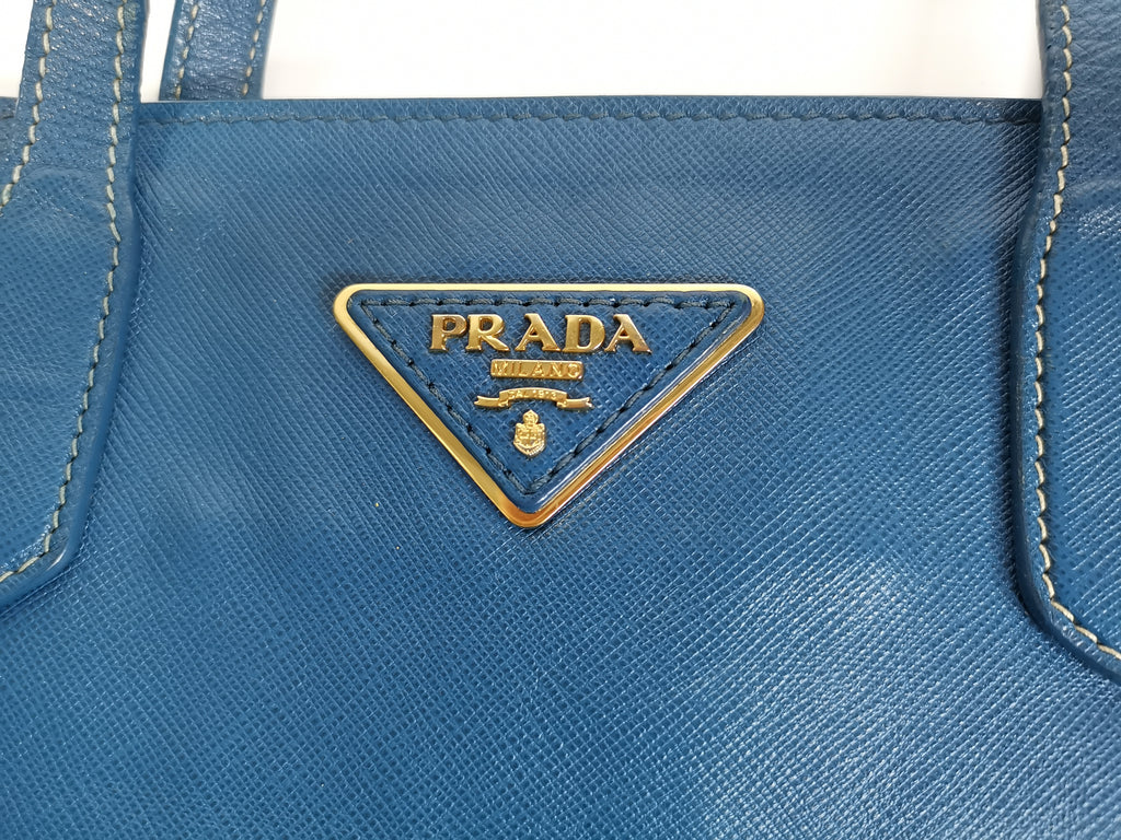 Prada Blue Saffiano Lux Leather Tote Bag