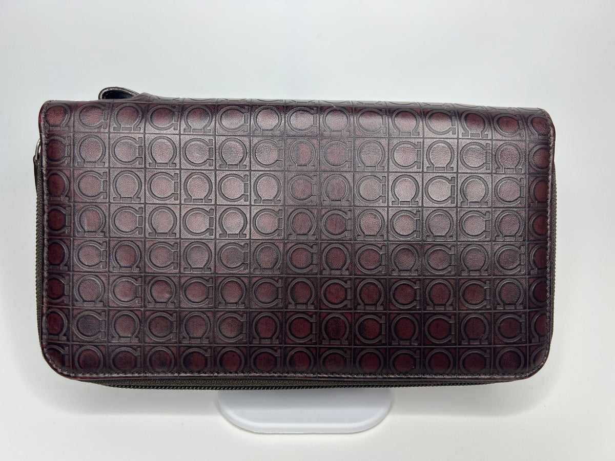 Salvatore Ferragamo Brown Gancini Embossed Double-Zip Wallet