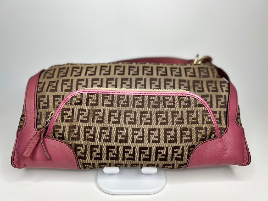 Fendi Zucca Canvas & Pink Leather Shoulder Bag