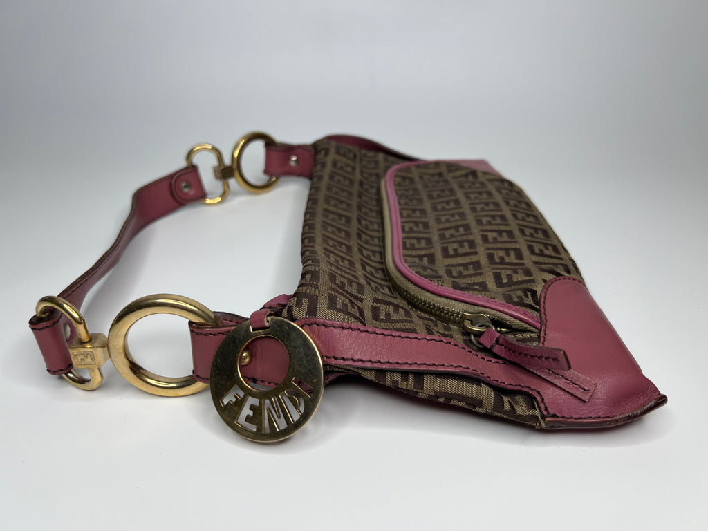 Fendi Zucca Canvas & Pink Leather Shoulder Bag