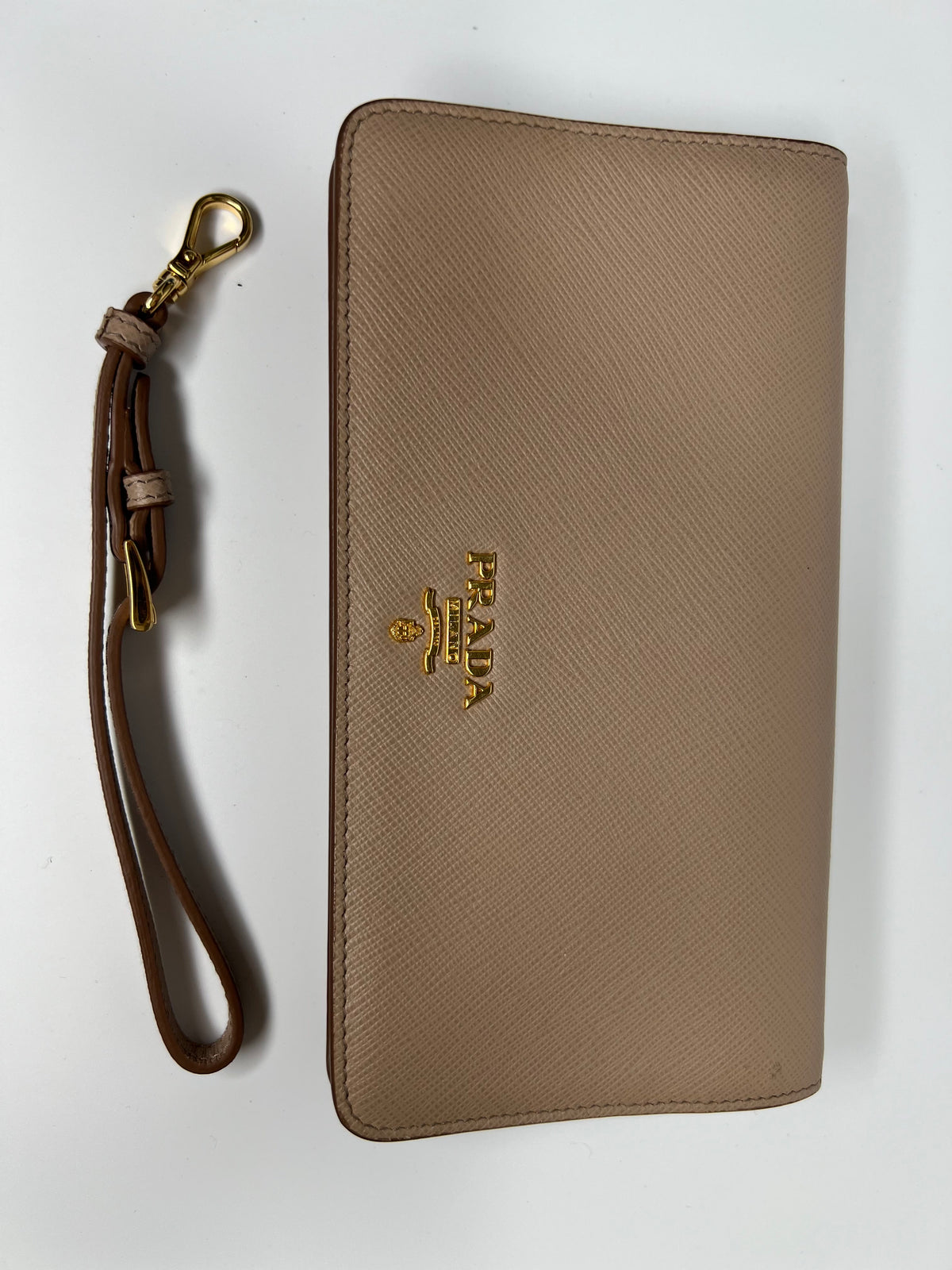 Prada Beige Saffiano Leather Wristlet Wallet