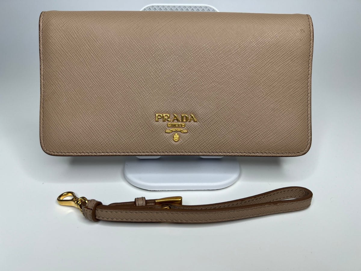 Prada Beige Saffiano Leather Wristlet Wallet