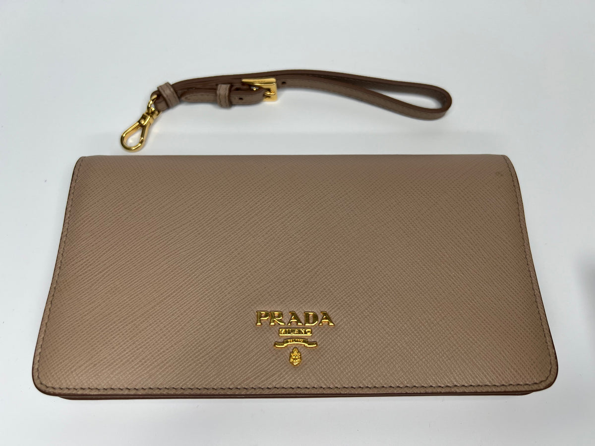 Prada Beige Saffiano Leather Wristlet Wallet