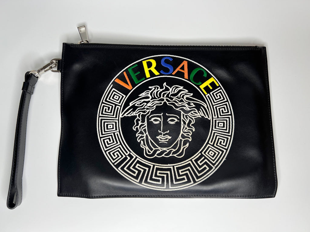 Versace Black Leather Rainbow Logo Medusa Pouch / Clutch Bag