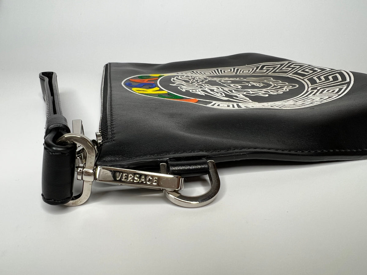 Versace Black Leather Rainbow Logo Medusa Pouch / Clutch Bag