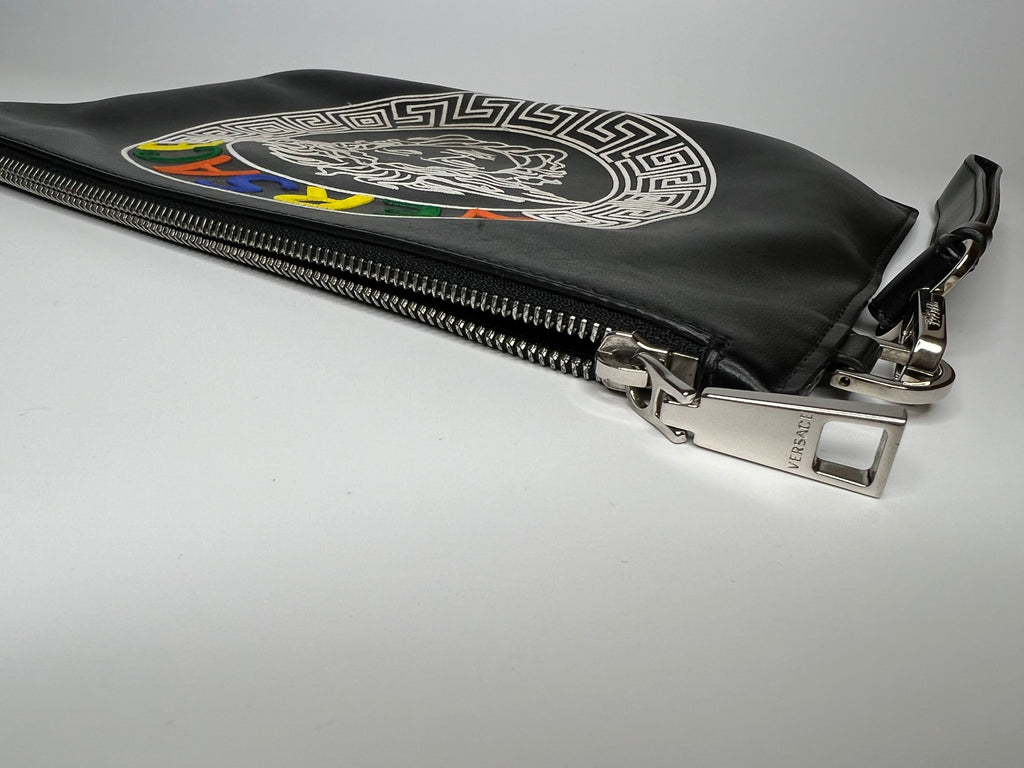 Versace Black Leather Rainbow Logo Medusa Pouch / Clutch Bag