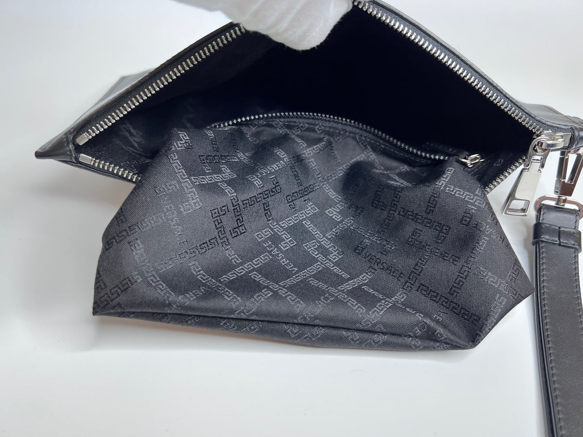 Versace Black Leather Rainbow Logo Medusa Pouch / Clutch Bag