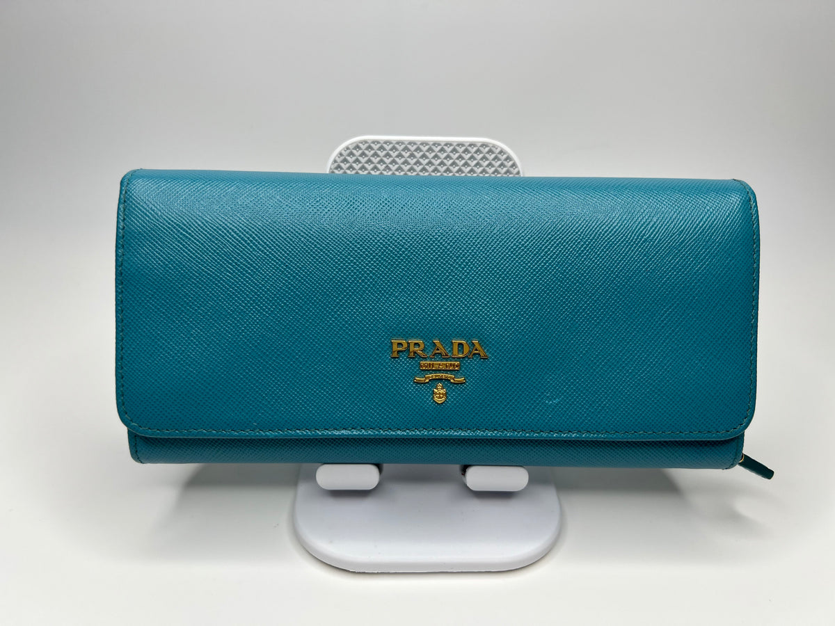 Prada Turquoise Saffiano Leather Continental Wallet with ID Holder