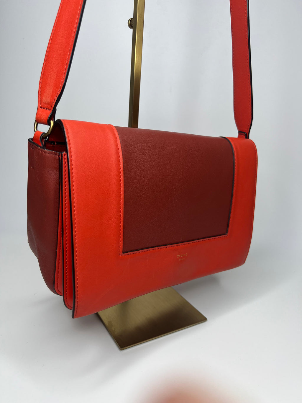 Celine Red & Burgundy Colorblock Leather Shoulder Bag