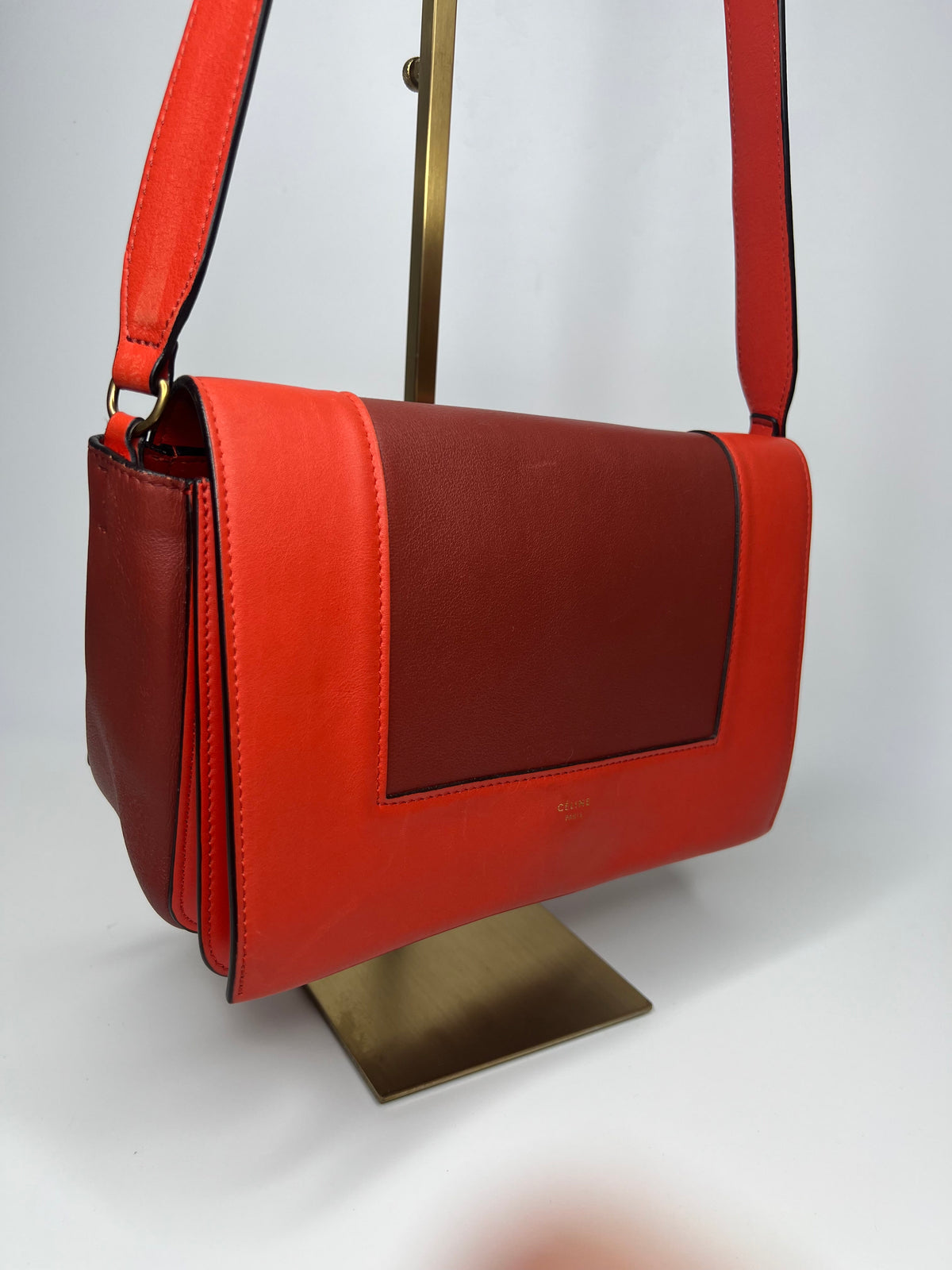 Celine Red & Burgundy Colorblock Leather Shoulder Bag